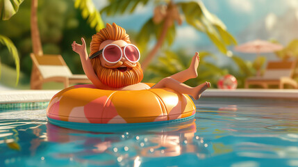 3D character of a young man with beard in sunglasses swimming with inflatable ring on the pool enjoying his vacation in summer