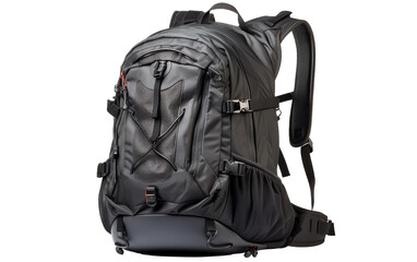 A sleek black backpack with adjustable straps lying on the ground