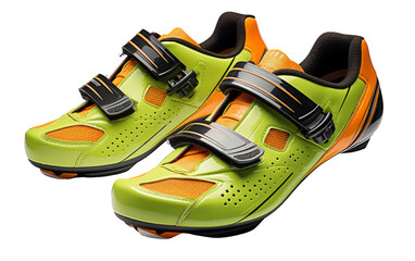 Vibrant green and orange shoes pop against a crisp white background