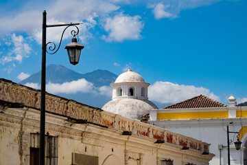 Scenic view across the rooftops in Antigua, Guatemala.
