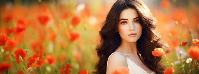 Beautiful brunette with long hair stands among red poppies in field, white female model posing, panoramic shot with copy negative space, spring seasonal background
