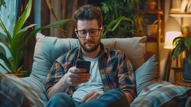 Focused man sitting on couch using smartphone at home. Cozy evening indoor scene with plants, for technology and lifestyle design elements with copy space