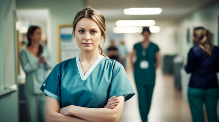 Nurse on duty standing in corridor of health center or hospital, white woman with crossed arms looks straight at camera, banner copy negative space