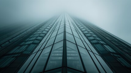 View to the modern office building skyscraper shrouded in fog, view from the bottom - obrazy, fototapety, plakaty
