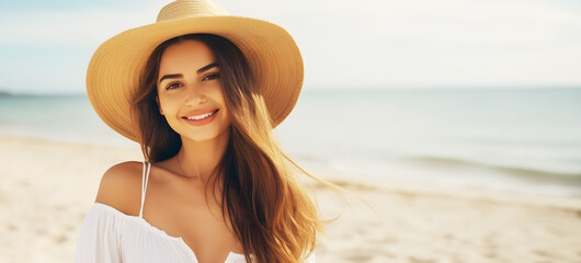 Portrait of young smiling woman with straw hat standing on beautiful sandy beach overlooking ocean, vacation time, advertisement banner with copy negative space, white female