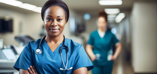 Portrait of black smiling nurse or doctor standing in hospital corridor with her arms crossed. Female worker. Banner with full of copy space.