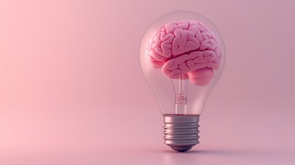 Closeup human brain inside of a light bulb on isolated pink background with space for copy