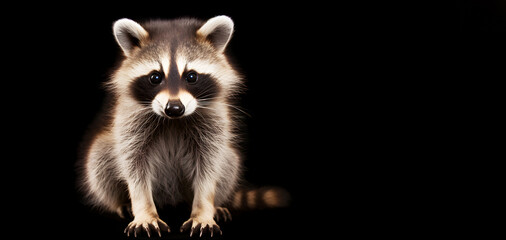 Portrait of cute baby racoon sitting on black studio backdrop, full of copy space, broad banner - obrazy, fototapety, plakaty