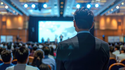 Rear view of an audience in a conference hall listening to a seminar with big cinema screen and stage