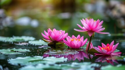 Bright blooming pink lotuses on a quiet pond