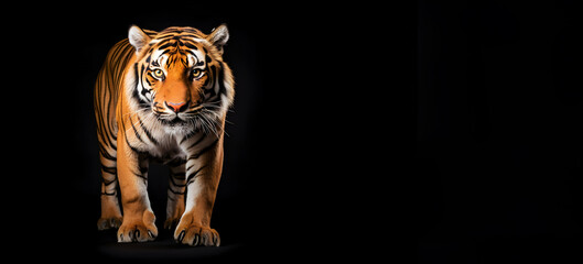 Tiger stands on black background and looks straight at camera, banner with negative copy space, studio light