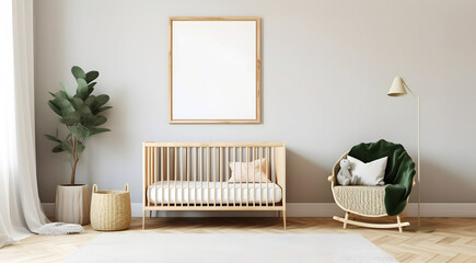 Cute baby child room with mockup frame hanging above bed, scandinavian style with wood furnitures, real estate brochure template