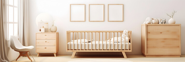 Panorama of baby room with three mockup frames hanging above bed, cute scandinavian style with wood furnitures
