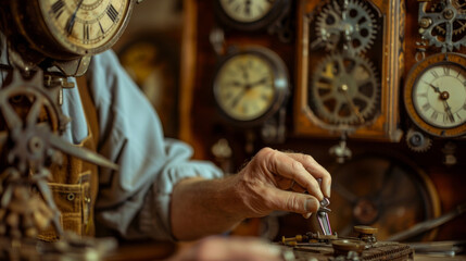 An elderly watchmaker carefully repairs intricate gears of a classic clock surrounded by timepieces.