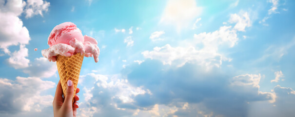 Hand with ice cream cone against cloudy sky. Banner or header with copy space, negative place