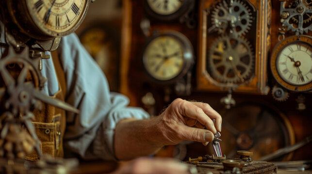 An elderly watchmaker carefully repairs intricate gears of a classic clock surrounded by timepieces.