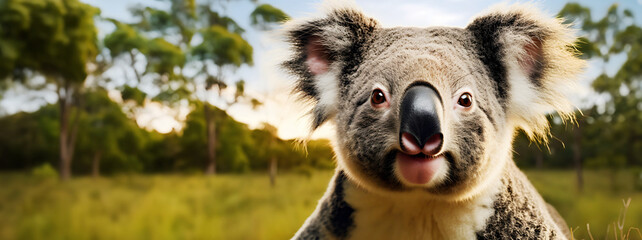 Closeup portrait of cute koala bear in the Australian forest, panoramic banner with full of copy space