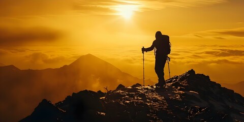 Silhouetted figure with trekking poles stands on mountain at sunset, gazing into distance against golden sky. Concept Adventure Photography, Silhouette Shots, Golden Hour Portrait