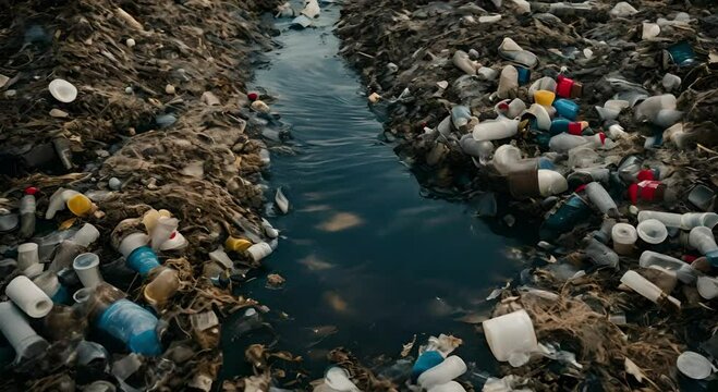 plastic environmental pollution in river  ecology concept