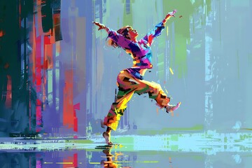 : A colorful, energetic, pixel-art animation of a dancer in motion