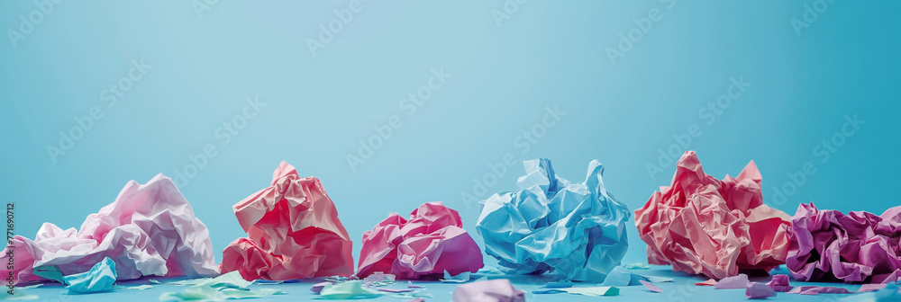 Wall mural colorful crumpled paper balls strewn across a bright blue background, suggesting creative brainstorm