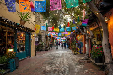 colorful Mexican paper flags hanging from trees  - obrazy, fototapety, plakaty