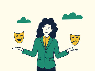 Businesswoman holding masks different masks happy and sad imposter syndrome or business woman showing sad an happy mask for meeting or presentation or meeting illustration