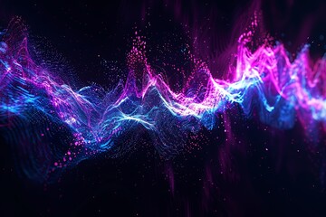 : A complex, pulsating audio waveform in deep blues, purples, and blacks