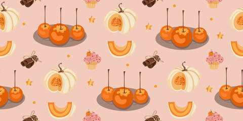 Autumn seamless pattern. Pumpkins and autumn items. Cozy warm background. Perfect for printing, textiles, wrapping paper. Vector illustrations