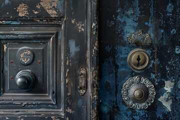: A contrast of old and new, such as an old, weathered door with a shiny, modern doorknob, - obrazy, fototapety, plakaty