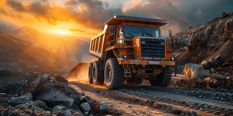 Dump trucks working on a construction project at sunrise transporting dirt and gravel to the site. Concept Construction vehicles, Sunrise, Dirt transportation, Gravel site, Construction project