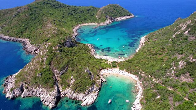 Greece nature scenery. most scenic beaches of Corful island. Unique double side beach Porto Timoni with crystal clear sea. Aerial 4k hd drone video