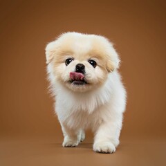 
Beautiful Pekingese dog isolated on brown background. looking at camera . front view. dog studio portrait.happy dog .dog isolated .puppy isolated .puppy closeup face,indoors.brown background .