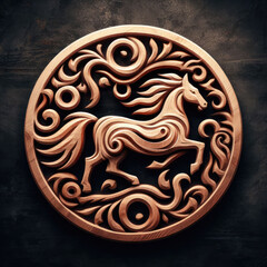 3d horse logo carving and engraving on dark background