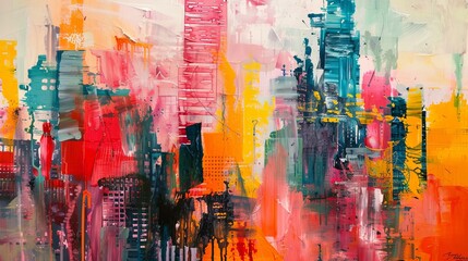 skyline of a huge city, abstract expressionism, 16:9 - obrazy, fototapety, plakaty