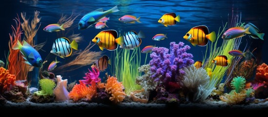 An underwater art display featuring a large aquarium filled with a variety of fish, corals, and aquatic plants, creating a marine biology showcase