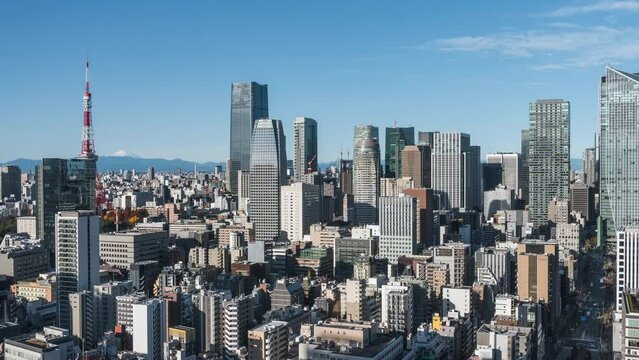 Timelapse view of skyscrapers in the Minato district of Tokyo, Japan, zoom in. 