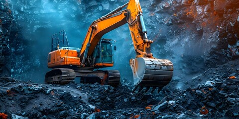 Excavator digging up dirt at a construction site. Concept Construction, Excavator, Dirt, Machinery, Site
