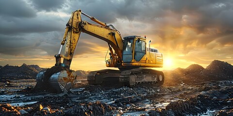 Professional photography of an excavator digging dirt at a construction site. Concept Construction Equipment, Heavy Machinery, Excavator Operation, Site Work, Industrial Photography - obrazy, fototapety, plakaty