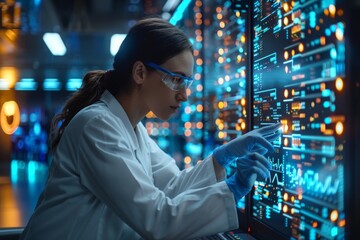 In a dimly lit laboratory, a scientist examines complex data on a high-tech, digital interface panel, indicating advanced analysis