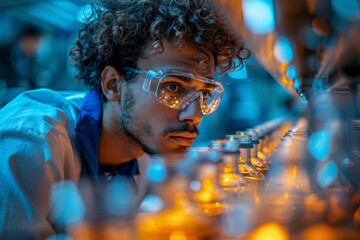 Over the shoulder view of a researcher deeply focused on analyzing brightly colored liquid samples in a laboratory