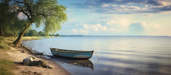 A watercraft is resting on the sandy beach of a peaceful lake, surrounded by lush trees and under a clear blue sky with fluffy white clouds - Powered by Adobe