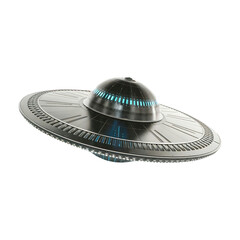 Silver flying saucer futuristic ufo spaceship png isolated on transparent background