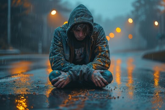 Mysterious image of a person in a hoodie sitting on a dimly lit, rain-soaked road, representing solitude and contemplation