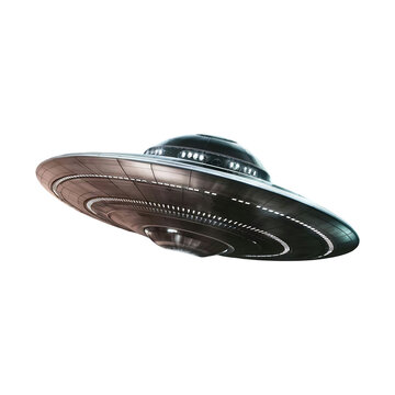 Silver flying saucer futuristic ufo spaceship png isolated on transparent background