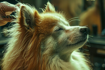 cane viene spazzolato con cura durante una visita al salone di toelettatura - 771694141