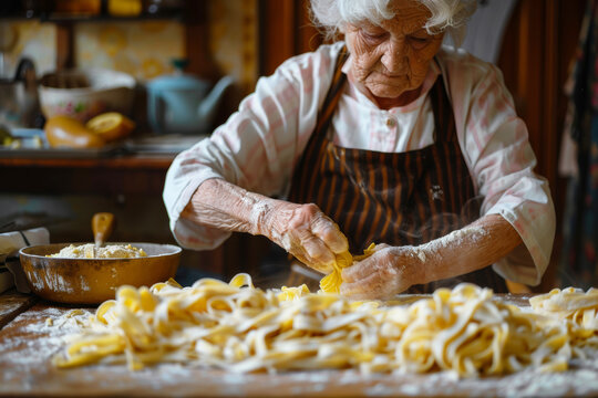 Nonna impegnata a preparare con amore la sua pasta fatta in casa