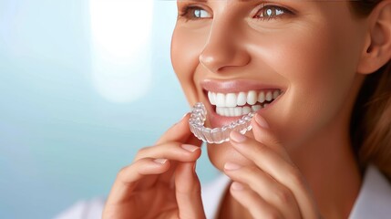 Young Caucasian woman inserting a dental aligner. Close-up view. Progressing towards a captivating smile, one aligner at a time.