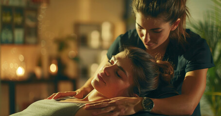 Donna rilassata mentre riceve un massaggio terapeutico professionale sul collo e sulle spalle