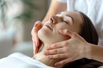 Fototapeta na wymiar Donna rilassata mentre riceve un massaggio terapeutico professionale sul collo e sulle spalle